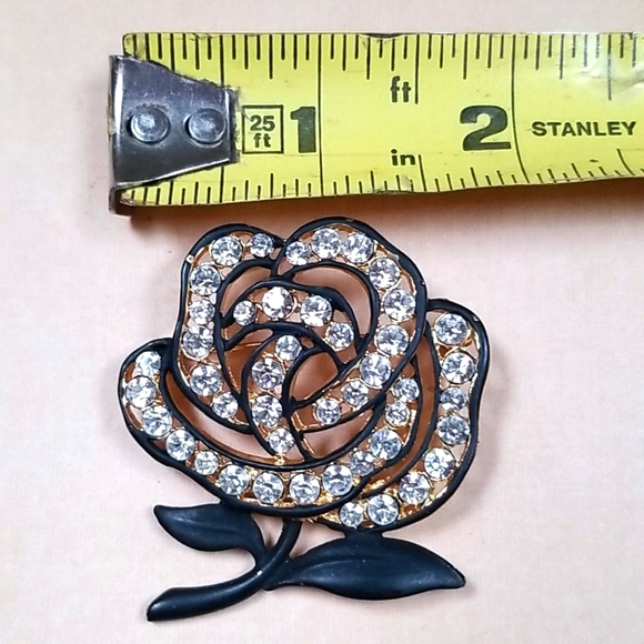 Vintage Black Enamel Rose Rhinestone Gold Tone Brooch - Picture 8 of 12